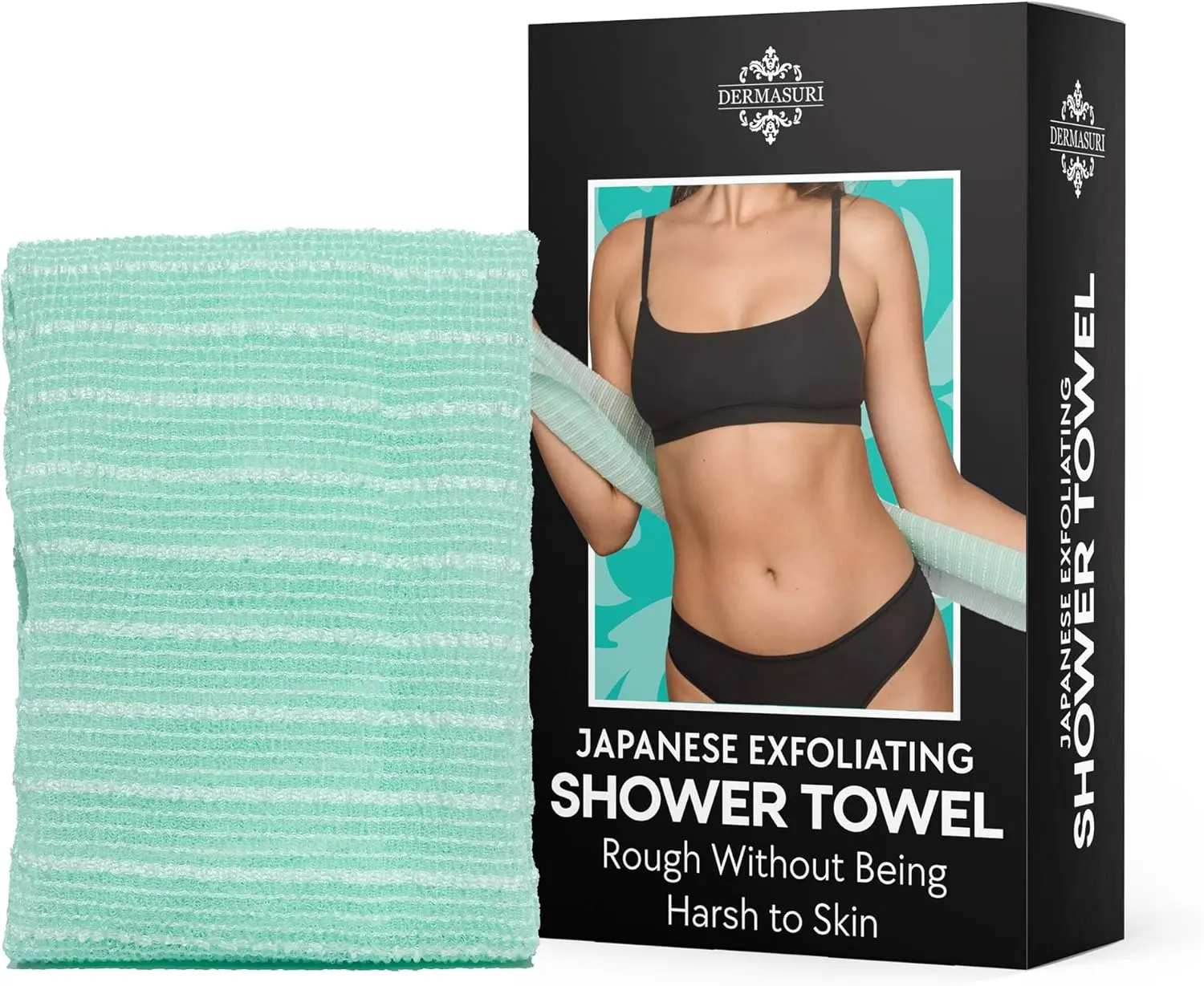 Dermasuri Japanese Exfoliating Shower Bath Towel - Rip-Resistant Body Scrubber, Cleansing Cloth, Exfoliating Mesh, Loofa, Soft-Touch Washcloth for All Skin Types to Remove Dry & Dead Skin, Body Scrubber Washcloths, Cleansing Cloth Washcloths