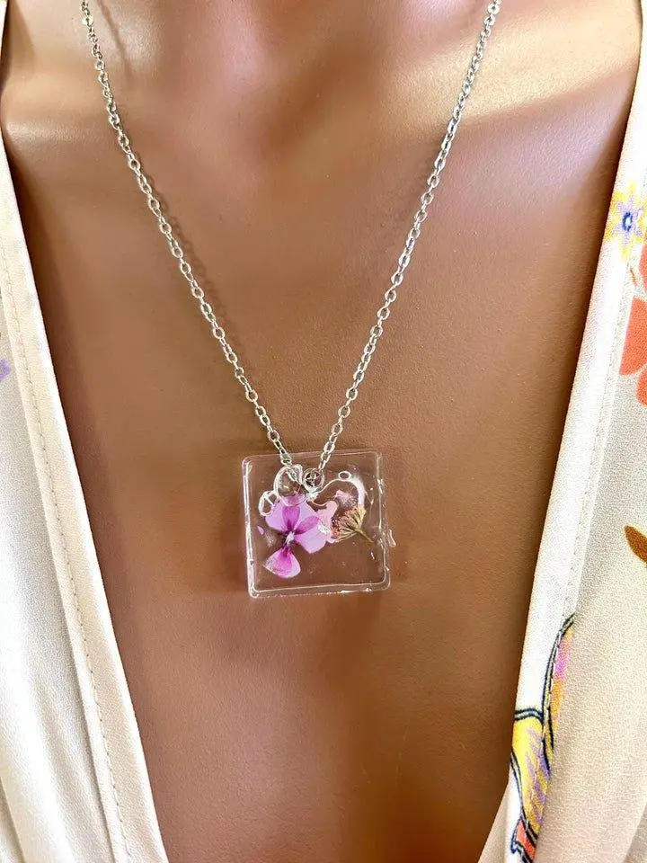 Handcrafted Resin Necklace with Pink Floral Pendant