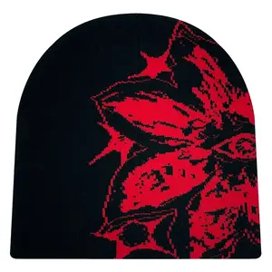 Y2K Double-Decker Knit Beanie Hat Funky Floral Print Stretchy Winter Skull Cap Unisex Warm Beanie for Men Women Cold Weather Accessory Cozy Headwear Round Beaded 95% Acrylic 5% Elastane