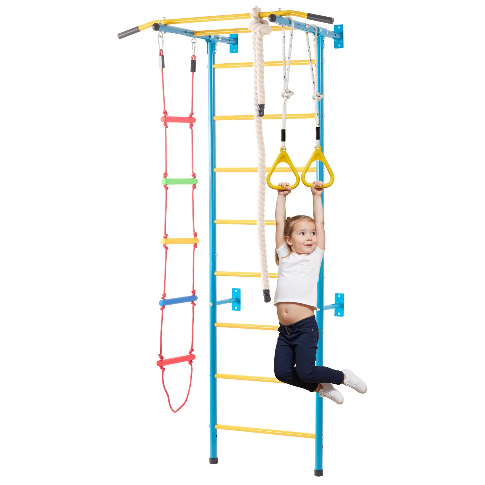 VEVOR Indoor Jungle Gym for Toddlers,  5-in-1 Climbing Playset with Carbon Steel Swedish Ladder, Wall Ladder, Pull-Up Bar, Rope Ladder, and Gymnastic Rings, Supports 220 lbs, Multicolor