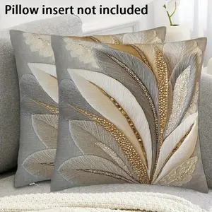 Set of 2 Elegant Feather Print Cushion Covers, Soft Polyester Zippered Cases, Home Decor Sofa Pillowcases, Home Textile