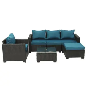 Patio Furniture,6 Pieces Outdoor Wicker Furniture Set Patio Rattan Sectional Conversation Sofa Set with Ottoman and Glass Top Table for Balcony Lawn and Garden