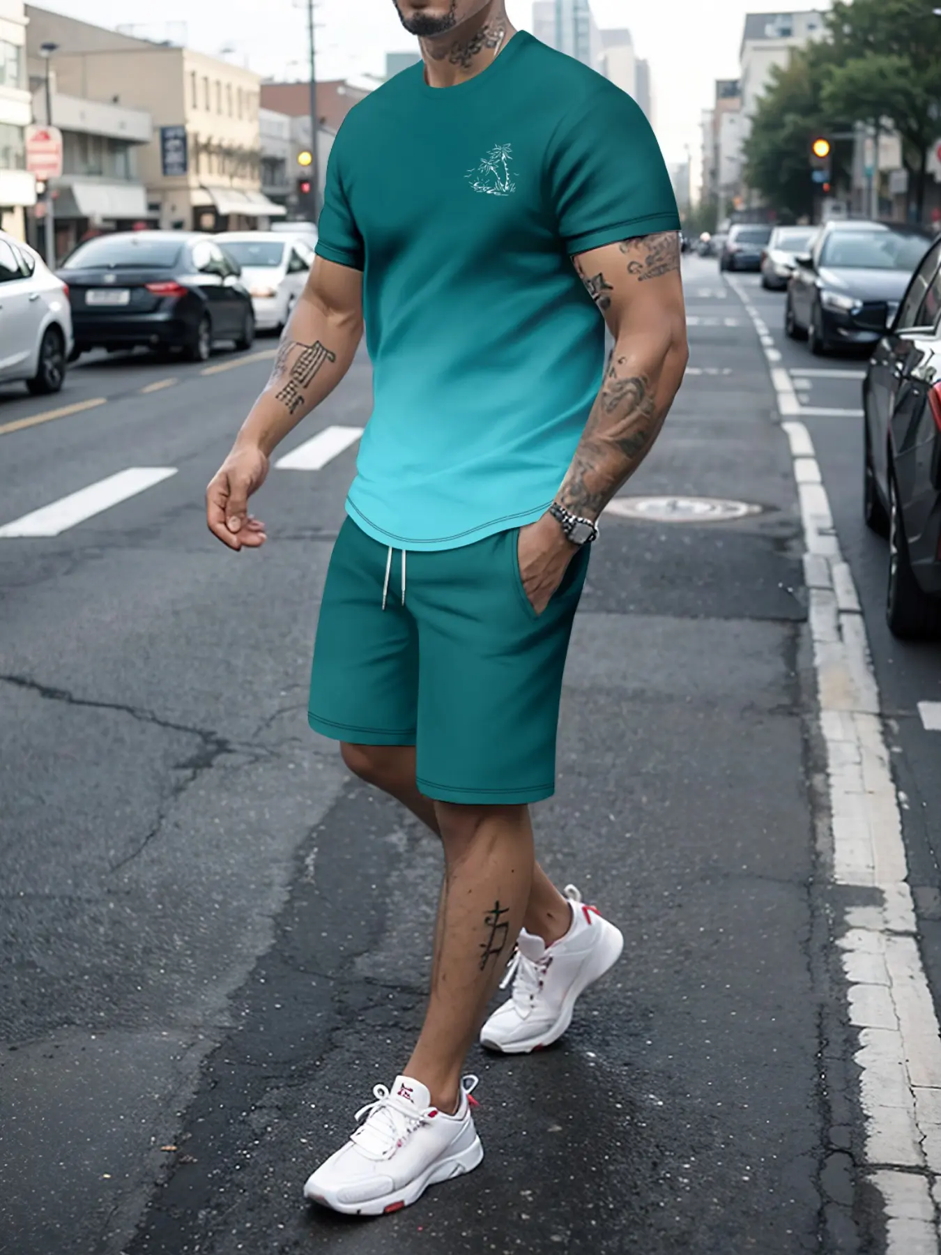 Men's 2‑Piece Teal Gradient Small Embroidered Graphic T‑Shirt & Drawstring Shorts Set, Menswear Short Sleeve Casual Summer Streetwear Outfit Clothes
