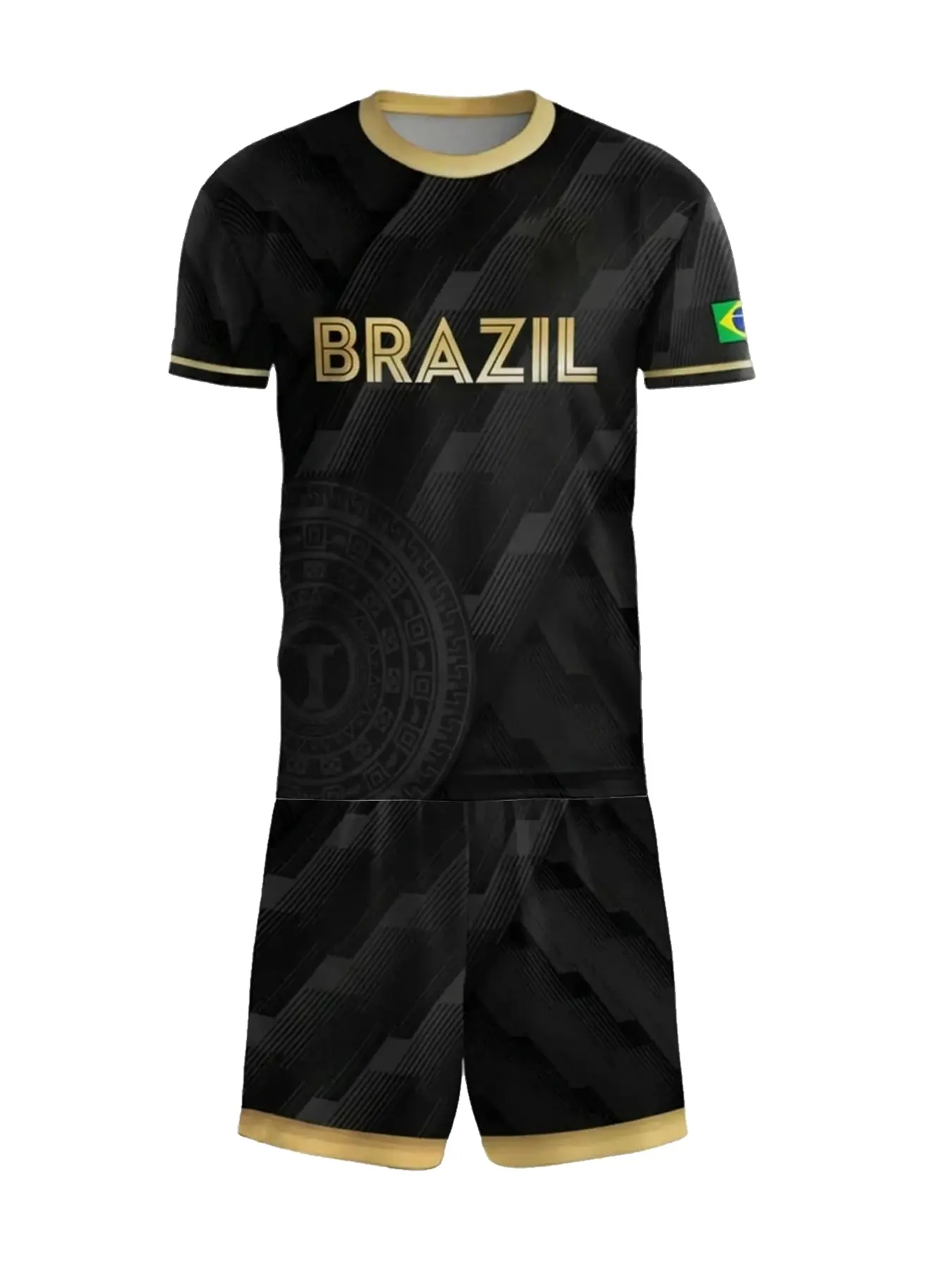Black & Gold Brasil Letter Print Tracksuit, Short-Sleeve Top & Shorts Two-Piece Set