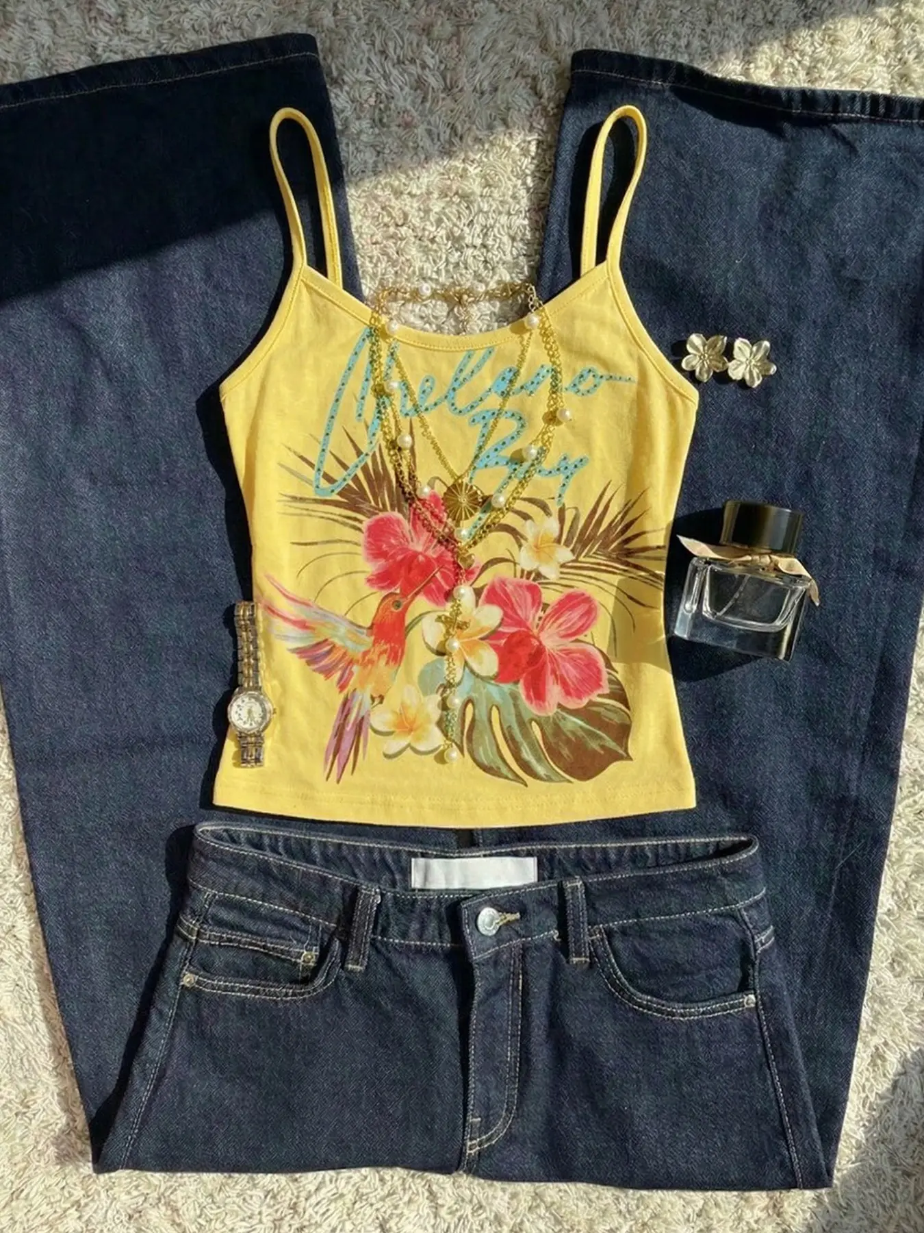 Summer American Retro Hawaiian Vacation Style Floral Bird Print Lightweight Thin Strap Cami Camisole Spaghetti Strap Fitted Letter Slim Fit Short Top, Casual Sleeveless Tops Beach Tank Summer Fashion Chic Aesthetic Women's Clothing