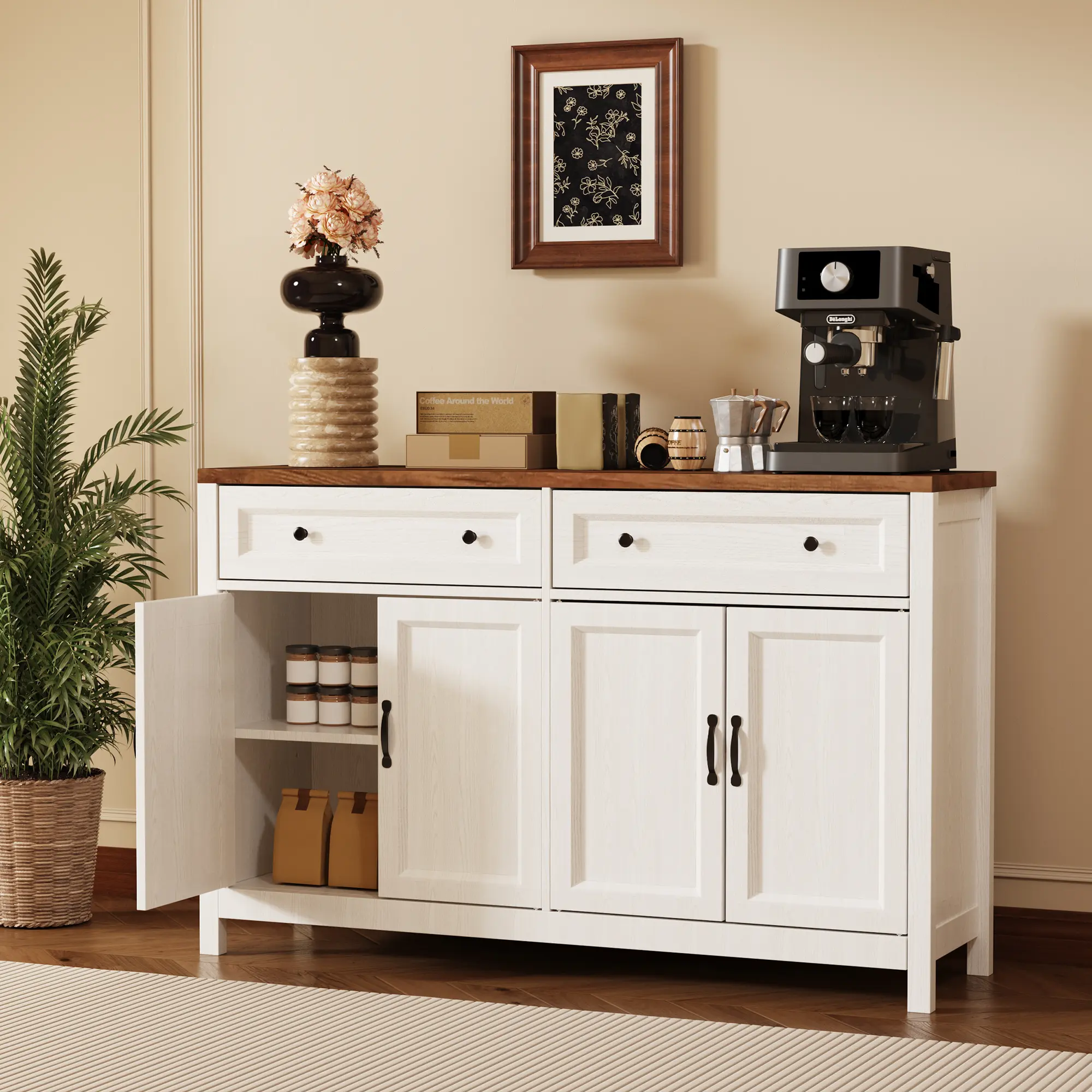 Gizoon Farmhouse Kitchen Sideboard Buffet Cabinet with Drawers, Doors & Storage, Multi-Functional Home Bar Cupboard Furniture for Kitchen, Dining Room