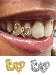 1Pc Women's Teeth Grillz Hip Hop Style, Hollow Out Heart Design, Copper Material with Zirconia Stones, Fashion Jewelry Accessory, Tooth Gems