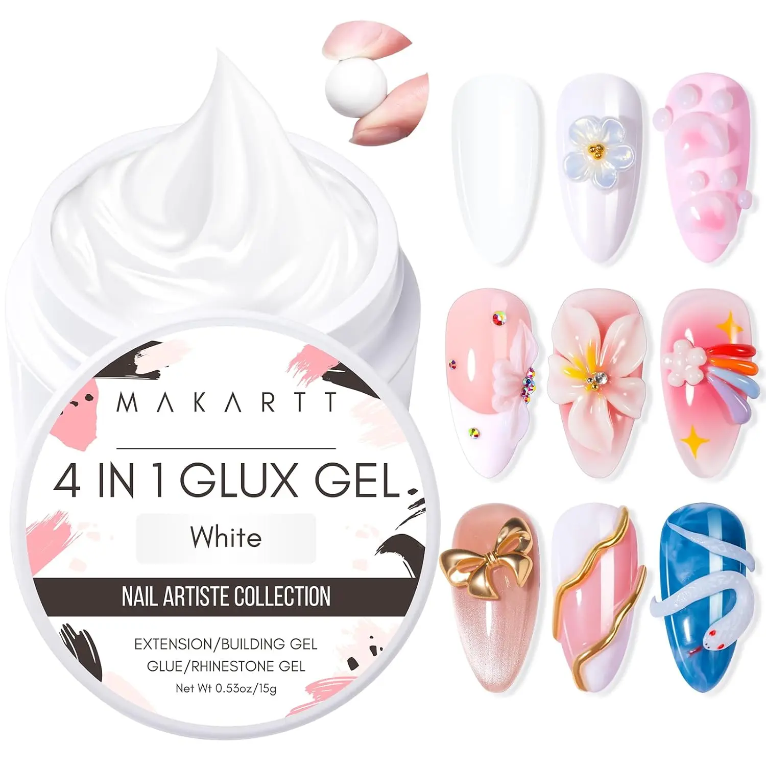 Makartt White 3d Gel Nail Art: 4-in-1 3d Nail Gel Sculpting Gels White Non-sticky for Extension, Shaping, 15ML Solid Builder Nail Gel for Nail Strengthen & Sculpture Gels for Nails Salon Home