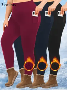 Women's Fleece Lined Thermal Soft Leggings, Shaping Leggings, Plus Size High Waist Control, Side Pockets, Stretchy Sportswear Pants Set, 3-Piece Pack