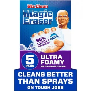 Mr. Clean Magic Eraser Foaming Sponge, All Purpose Cleaner, Dawn Cleaning Power, Wall Cleaner, Sneaker Cleaner, Oven Cleaner, Kitchen, Bathroom, Shower Cleaning Supplies, Scrubber, Ultra Foamy, 5ct