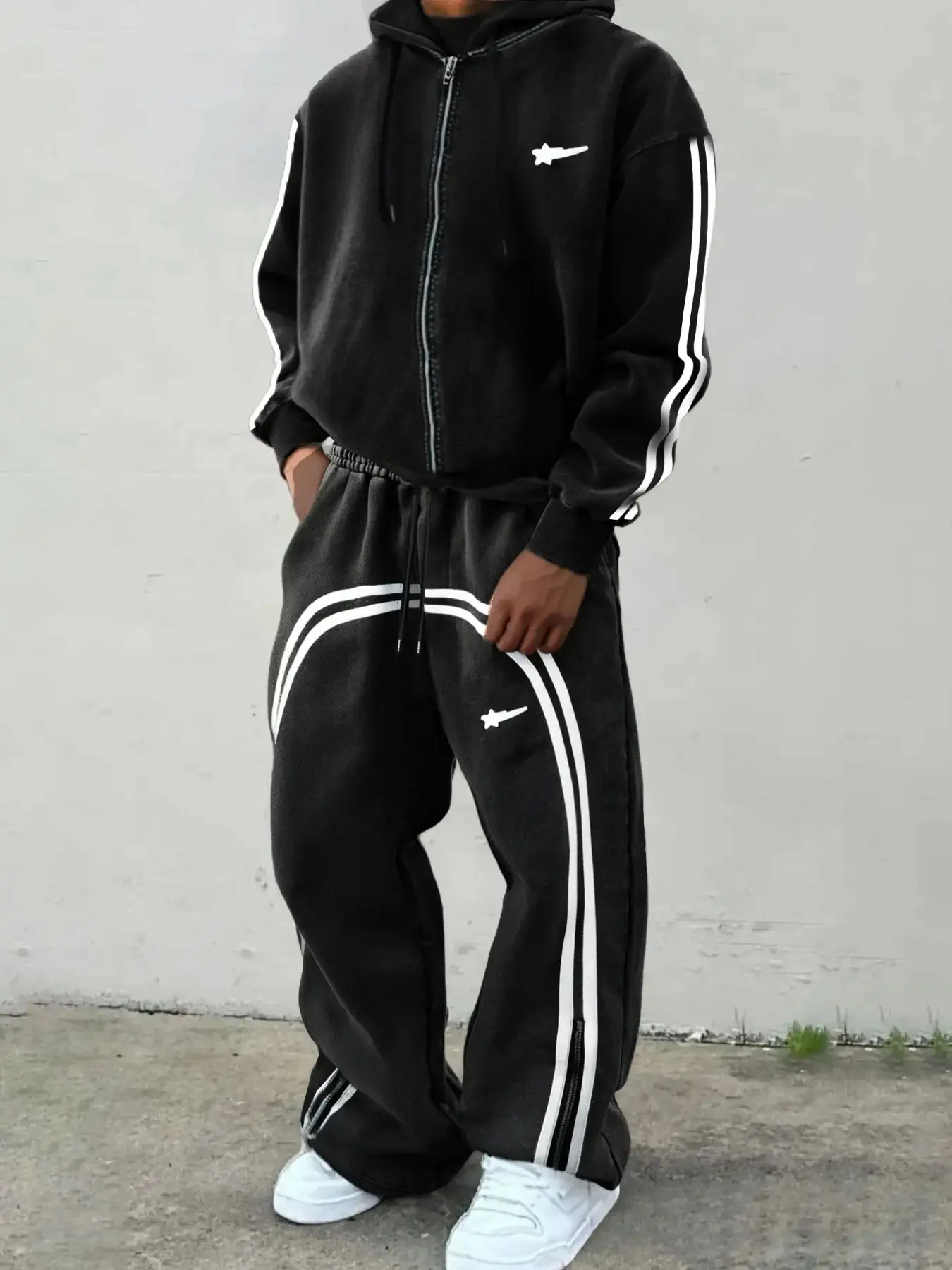 Men's Cool Sports Set, Comfortable Cotton Fabric Hooded Zipper Jacket & Wide Leg Pants, Street Style Design, Streetwear Tracksuit Set, Active Tracksuit, Activewear Tracksuits, Sportswear Set, Athletic Tracksuits, Sportswear All Seasons, Outfit Tracksuit