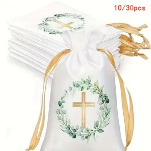 10/30 Religious Baptism and Communion Gift Bags with Drawstring Closure, Gold Wreath and Cross Design, Party Gift Bags, Suitable for Jewelry, Baptism, Communion, Weddings, Birthdays, Baptism Gifts, Party Favors, Gift Package