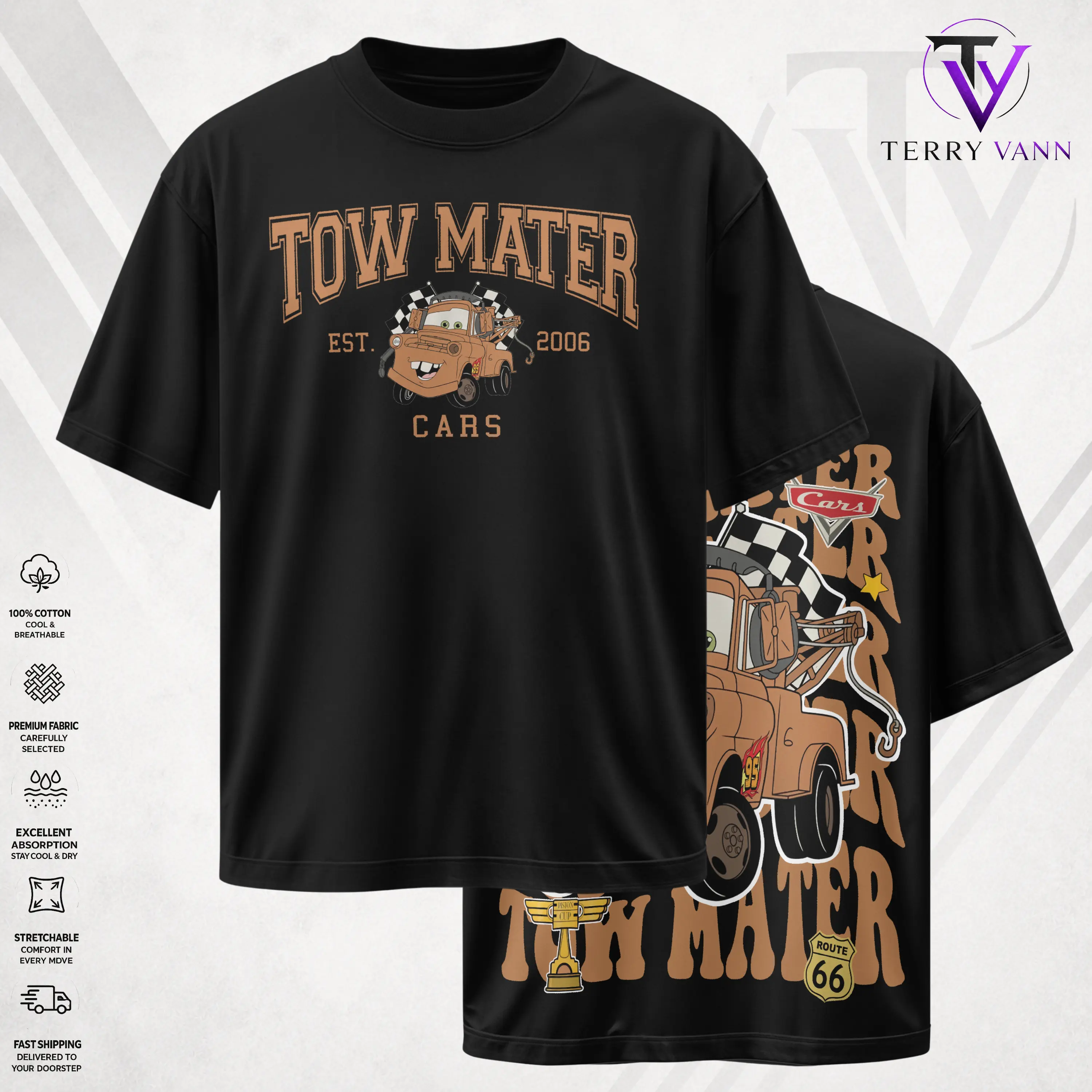 Retro Two Side Cars Movie T-Shirt, Mcqueen and Mater Funny Vintage Unisex Graphic Tee - Top Trendy Y2K Classic Streetwear Unisex Racing Style For Fans