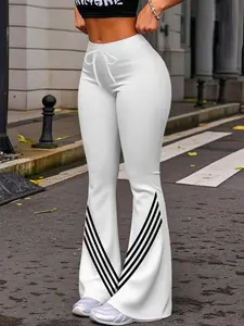 Women's Casual Flare Leg Yoga Pants, Street Style Drawstring Waist, Sporty Striped Pattern, All Seasons Wear, Fitted H-Type Long Pants, Flared Yoga Bottoms