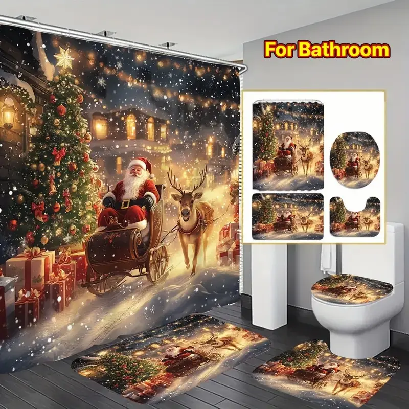 1/4pcs Christmas decoration Santa Claus and elk design Decorative Shower Curtain set, festive design, non-slip floor mat, U-shaped carpet, toilet lid cover, 12 shower curtain hooks are included