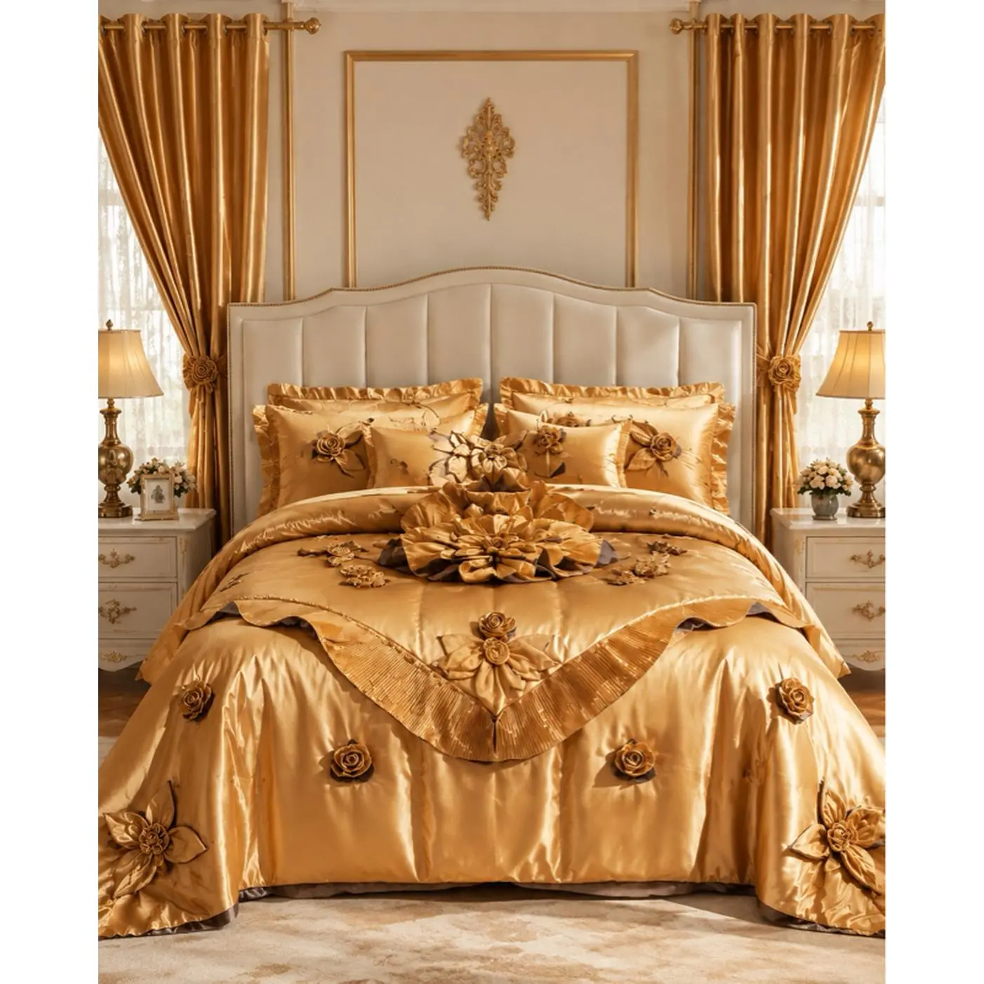 Luxurious Gold Embroidered Bedding Set with Floral Embellishments for 7 -Elegant Bedroom Decor