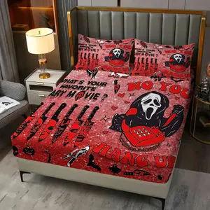 3Pcs Halloween Horror Themed Fitted Sheet Set, Spooky Ghosts, Scary Movie Characters, and Eerie Graphics, Perfect for Festive Bedroom Decor, Cozy and Fun for Halloween Night! 1 Fitted Sheet, 2 Coreless Pillowcases, Bed Sheets Set