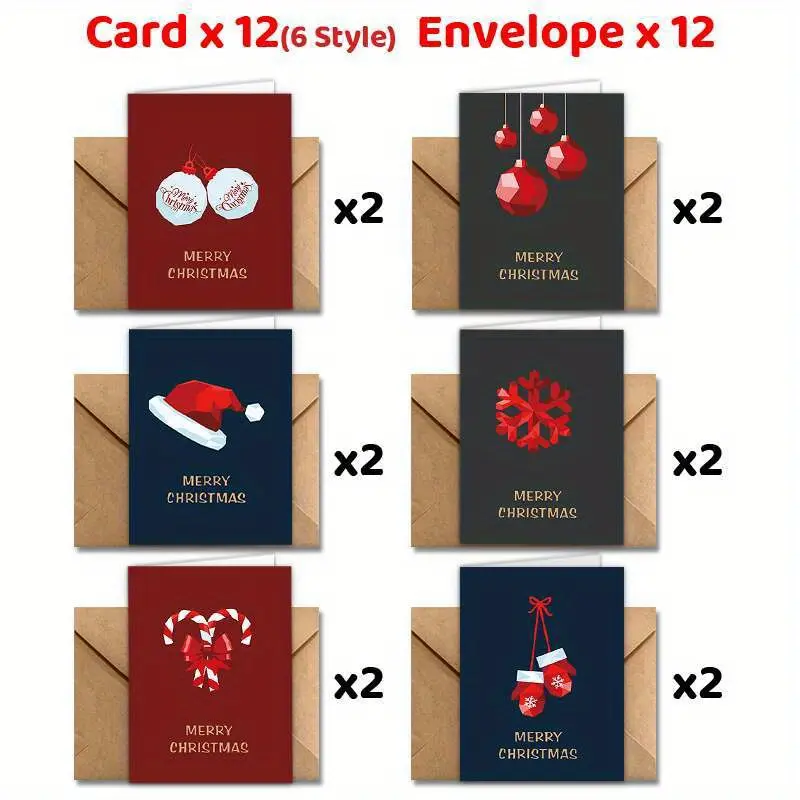 24 Christmas cards and envelopes multi purpose thank you congratulations good luck and New Year celebration cards designed with Christmas hats snowflakes candy bars and glove patterns