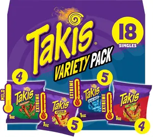 Takis 18 pc / 1 oz Variety Pack, Assorted Flavored Mixed Rolled Tortilla Chips – (5) Fuego, (5) Blue Heat, (4) Nitro, (4) Crunchy Fajitas Snack Potato