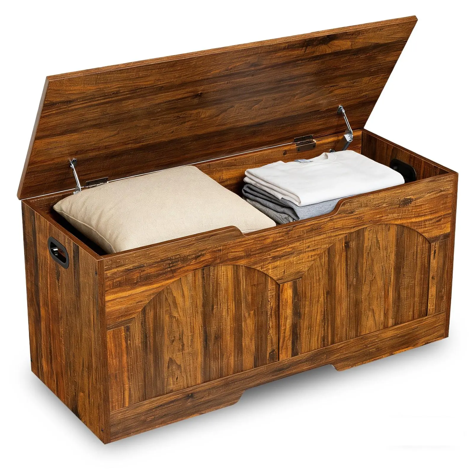 GAOMON Brown Rectangular Outdoor Storage Bench, 39.3in Large Size Retro Wooden Chest with U-Shaped Cut-Out Pull, Safety Hinge, Side Handles, 300lb Capacity, Easy Setup Toy Box Organizer