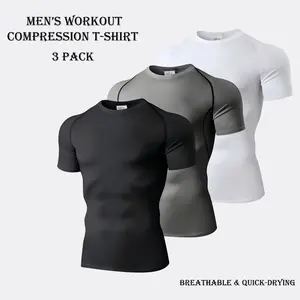 3 Pack Men's Workout T Shirts Compression Athletic T-Shirts For Men Active Stretch Breathable Moisture Wicking Soccer Tops For Football Gym Outdoor Sports