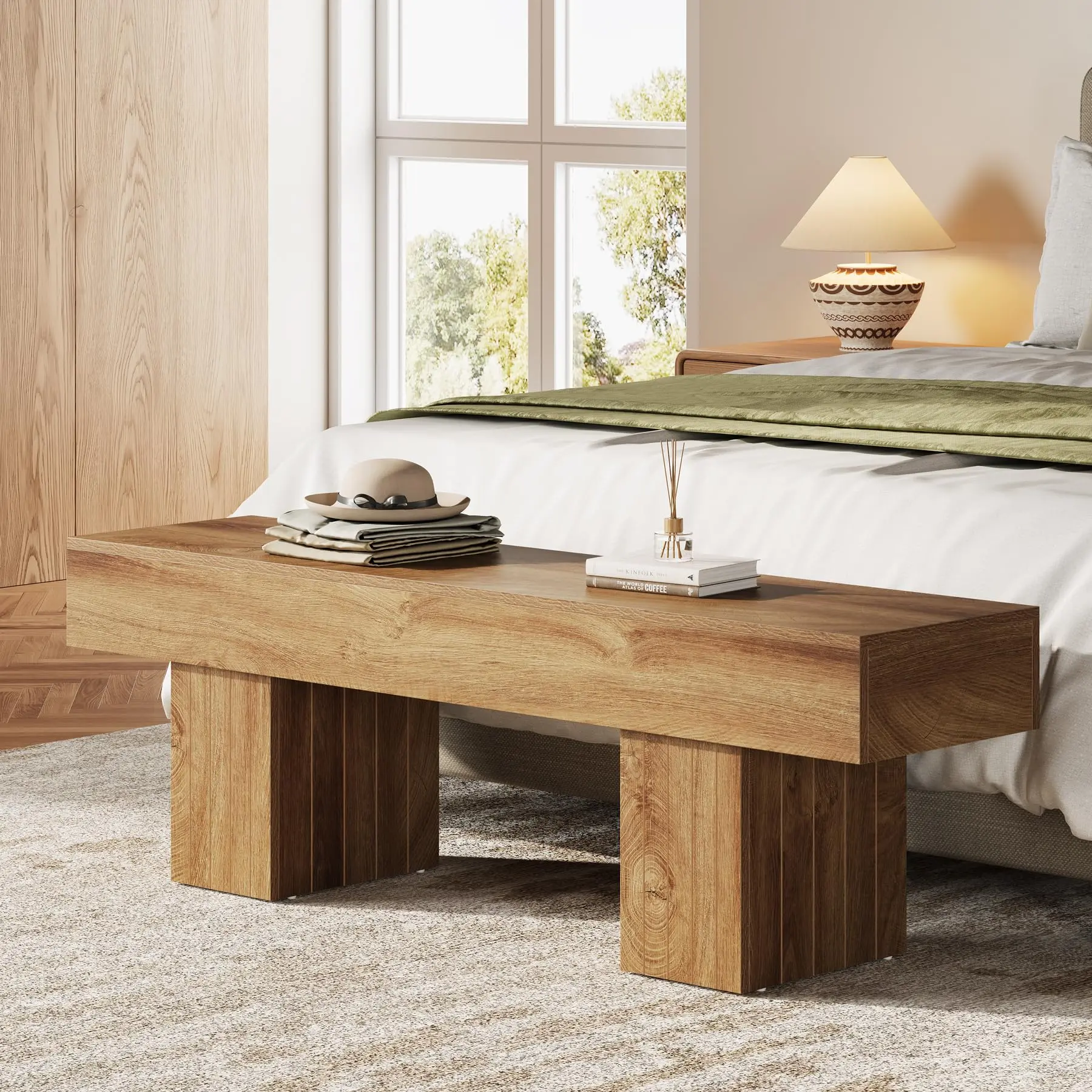 Tribesigns Farmhouse Wooden Bench 55" for Dining Room, Bedroom, Kitchen, Light Brown Entryway & End of Bed Tribesigns Farmhouse Wooden Bench 55" for Dining Room, Bedroom, Kitchen, Light Brown Entryway & End of Bed