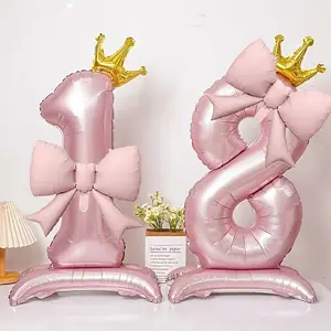 2/4count Giant 32-Inch Standing Crown Pink Number Balloon Set with Pink Bow-Suitable for Anniversary, Festival Celebration Decorations, Themed Birthday Party Arrangements, Birthday Backdrop Combinations, Party Supplies, Event Planners, Party Organizers