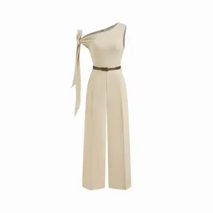 Cider Asymmetrical Neck Knotted Straight Leg Jumpsuit With Belt