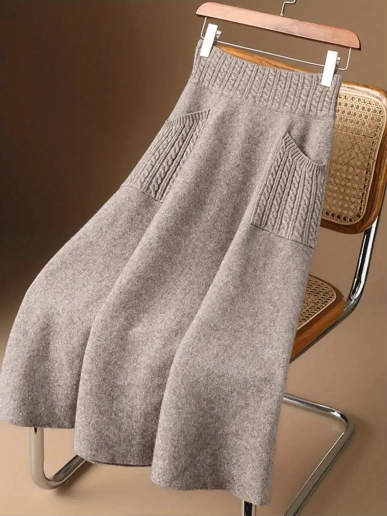 Women's Solid Color Cable Knit Sweater Skirt, Casual High Waist A-line Knit Skirt for Fall & Winter, Women's Knitwear for Daily Wear, High Waist Skirts