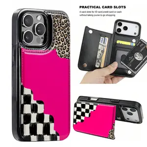Leopard & plaid design large-cutout wallet case with card holder. Fits iPhone 17 Air/16/15/14/13/12 Pro Max/Plus and Galaxy S22–S25 Ultra/Plus/+. Credit card slots, faux leather foldable 2-in-1, drop protection.