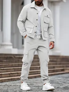 Men's Fitted Solid Color Pocket Button Front Shirt & Pants Two-Piece Set, Casual Long Sleeve Collar Top & Trousers Set, Men's Spring & Fall Clothes