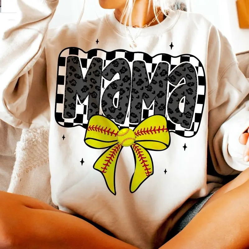 Mama Softball Comfort Colors Short Sleeve T-Shirt with softball Graphic and Yellow Bow for Women's Wear - Top, Womenswear