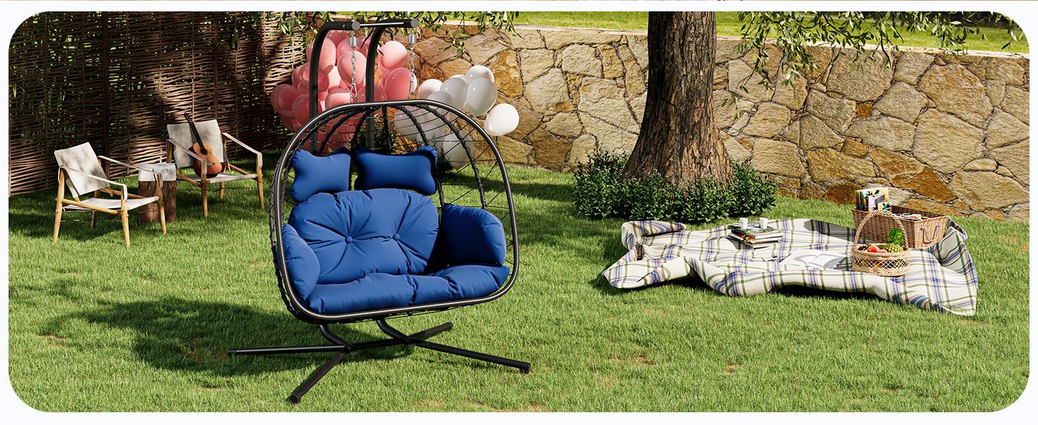 [dealsforyoudays] Double Egg Chair with Stand for Patio, Outdoor Indoor Hanging Swing Chair with Cushions, Wicker Rattan, 700lbs Capacity, Waterproof Sunproof for Balcony Garden Porch, ChristmasGift