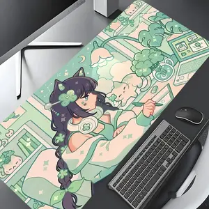 Mint Green Kawaii Anime Girl Large Gaming Mouse Pad,  Clover Cat Ears Whimsical Desk Mat Stylish Desk Protector with Non-Slip Rubber, Multi-Size for Laptop & Desktop Use, Home Office Work Accessories, Desk Accessories