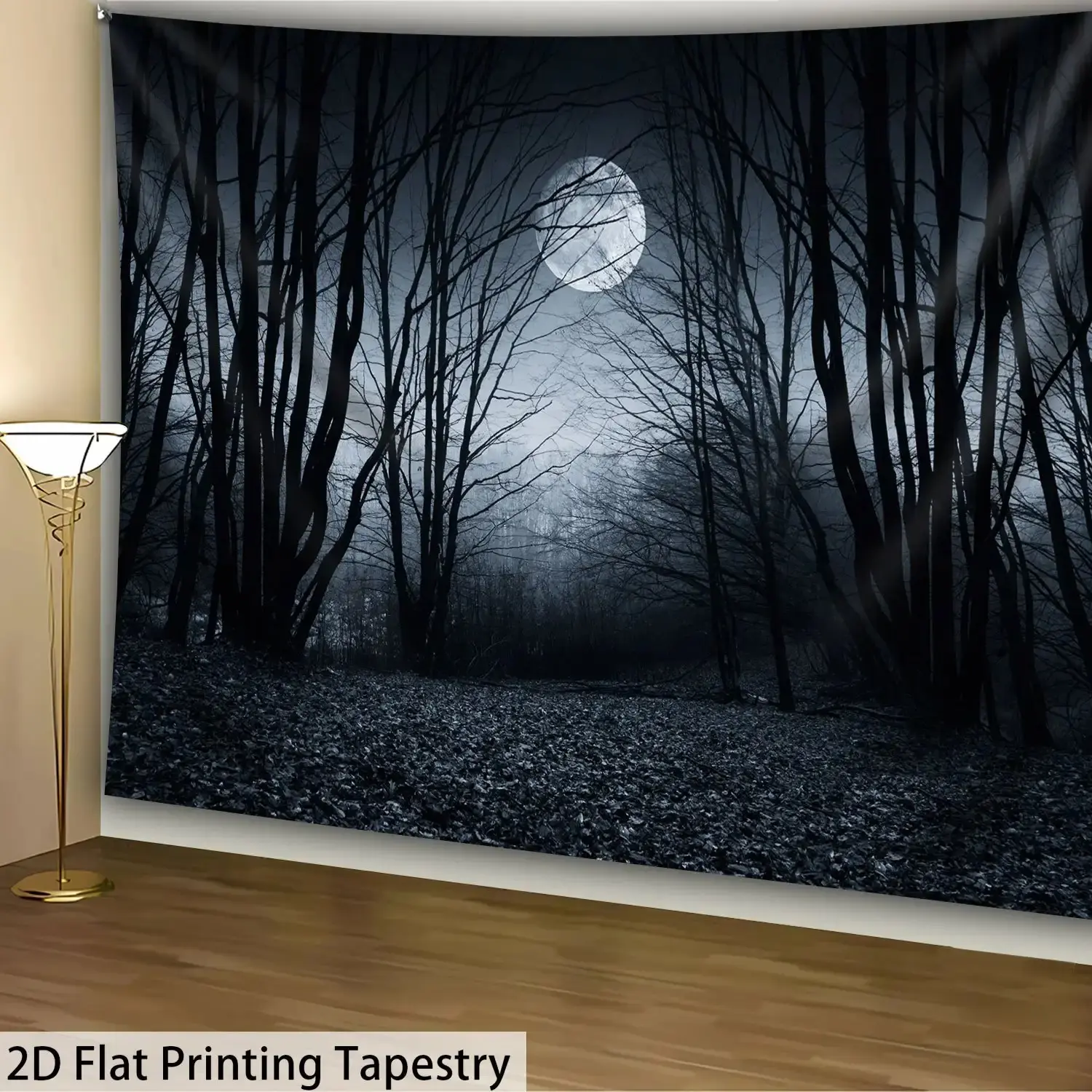 1pc - Horror Moonlit Forest Tapestry - Extra Large 126x94.5 Inch Gothic Bedroom Decor - Dark Blue & Black Night Scene - No Electricity Needed - Easy Hang Indoor Wall Hanging for Living Room, Office - Spooky Home Decoration - Durable Polyester Fabric - Per