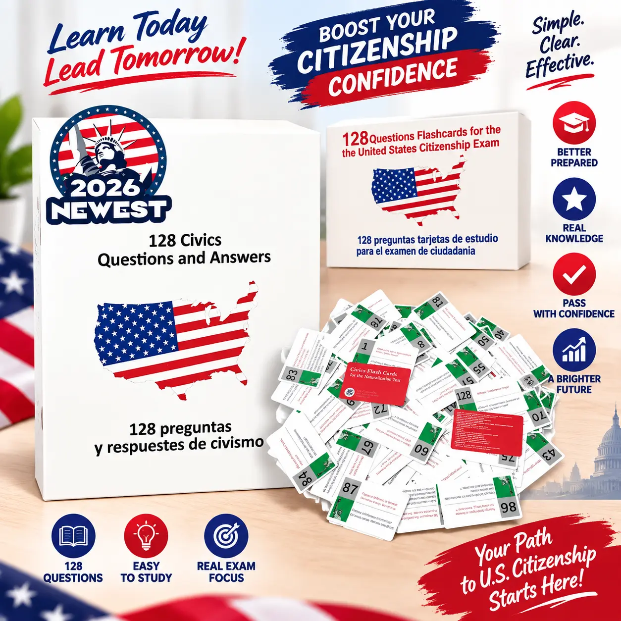 2026 U.S. Citizenship Test Flash Cards - 128 Bilingual English & Spanish Civics Q&A Study Cards, Naturalization Interview Practice Guide, Portable Learning Cards for Exam Preparation