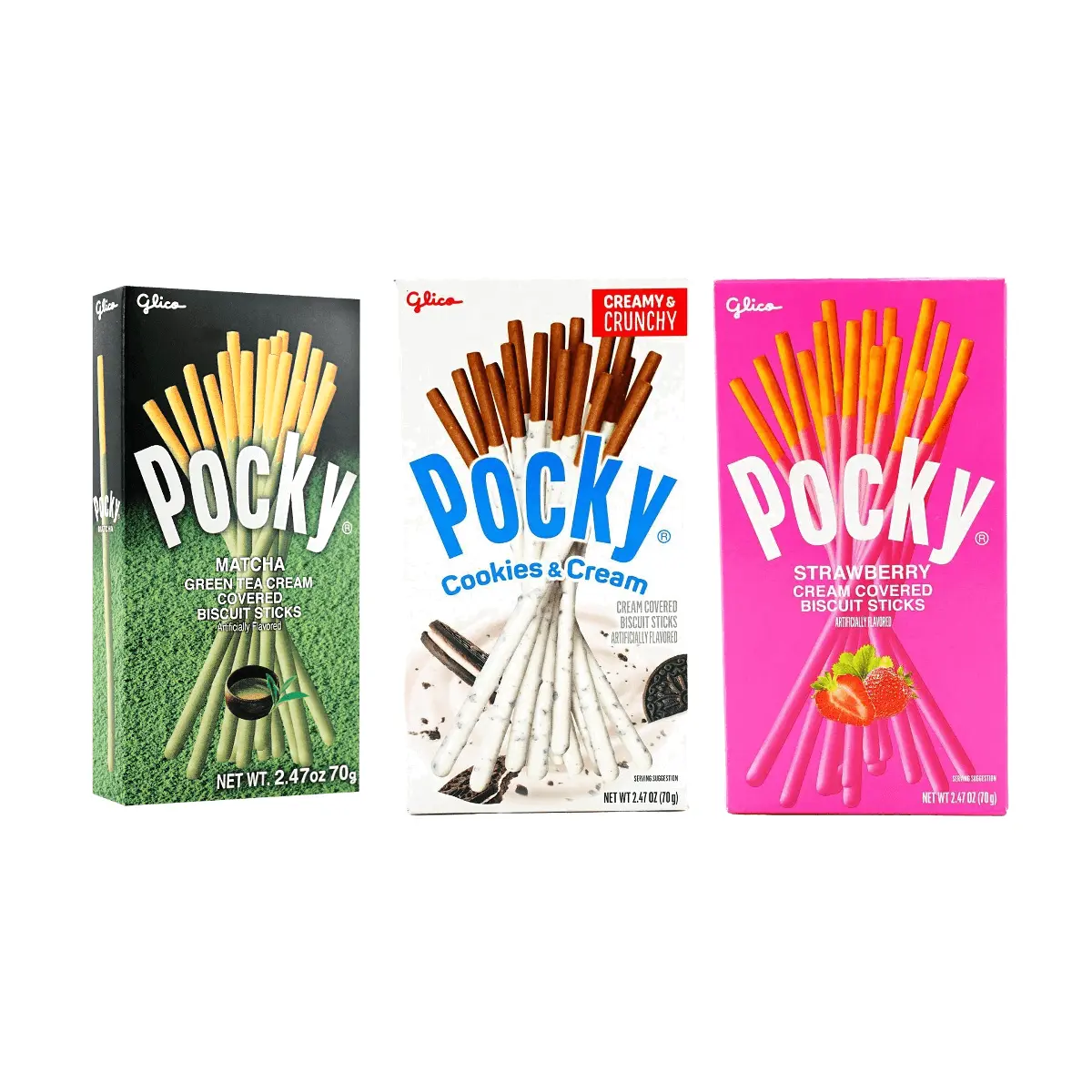 Glico Pocky 3 Flavors Combo Pack: Matcha Chocolate, Oreo Cream Cookie, Strawberry Cream Biscuit Sticks - 210g Variety Snack Box