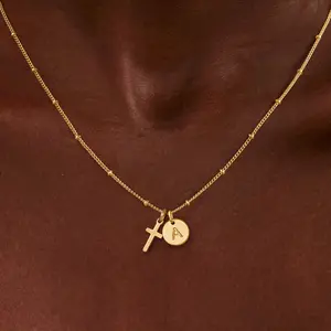 Turandoss 14K Gold Plated Cross Initial Necklace – A-Z Letter Disc Pendant, Dainty Faith Jewelry Valentine's Day & Birthday Gifts for Women and Girls