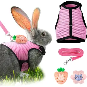 Bunny Costumeand Leash Set with 2 Cute Decorations Bunny Clothes Adjustable Buckle Breathable Mesh Vest Harness for Rabbits Ferret Small Pig Puppy