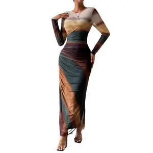 Artistic Gradient Tie Dye Print Mesh Dress Long Sleeve Slim Fit Ruched Waist Temperament Maxi Bodycon Dress for Women Casual Basic Minimalist Formal Womenswear All Seasons Fashion