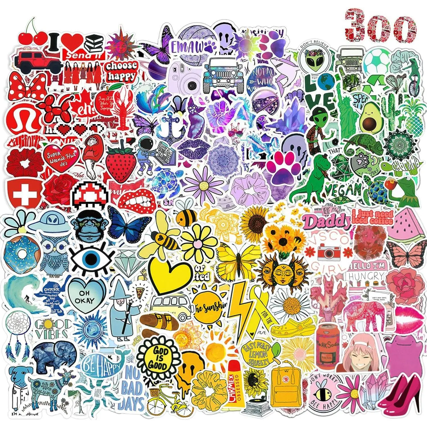 Water Bottle Stickers 300 Pcs Color Cute Sticker Pack, Waterproof Vinyl Stickers for Water Bottles Laptop Tablet Scrapbook Journal Skateboard Scooters Notebook Diary Lunch Box Suitcase Kindle etc