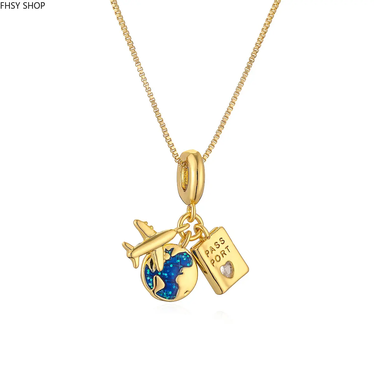 FHSY SHOP Travel Lover Charm Necklace 14K Gold Plated Airplane World Map Passport Pendant with Blue Glitter Earth for Women, Wanderlust Gifts, and Everyday Wear, Casual