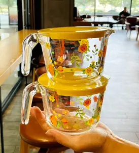 Floral Glass Measuring Cup with Lid, Heat Resistant, Microwave Safe, BPA Free, Reusable Oval Design with Handle and Scale Markings Kitchen Utensils Set Kitchen Gadgets Kitchenware Cooking