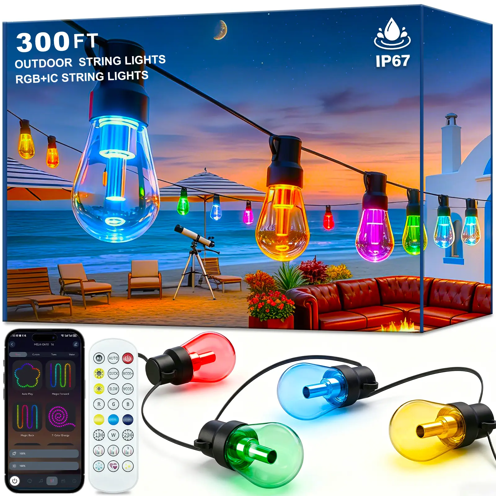 Mutovlin  RGB+IC  Outdoor String Lights Bulbs IP67 Waterproof LED Color Changing Smart App Hanging Shatterproof Light with Remote Controller for Outside, Patio, Backyard, Garden, Party Lighting
