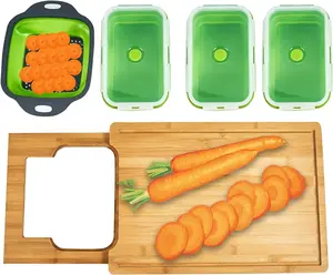 Expandable Bamboo Cutting Board With Containers - Over The Sink Cutting Board For Kitchen - Meal Prep deck For Food Large (Green)