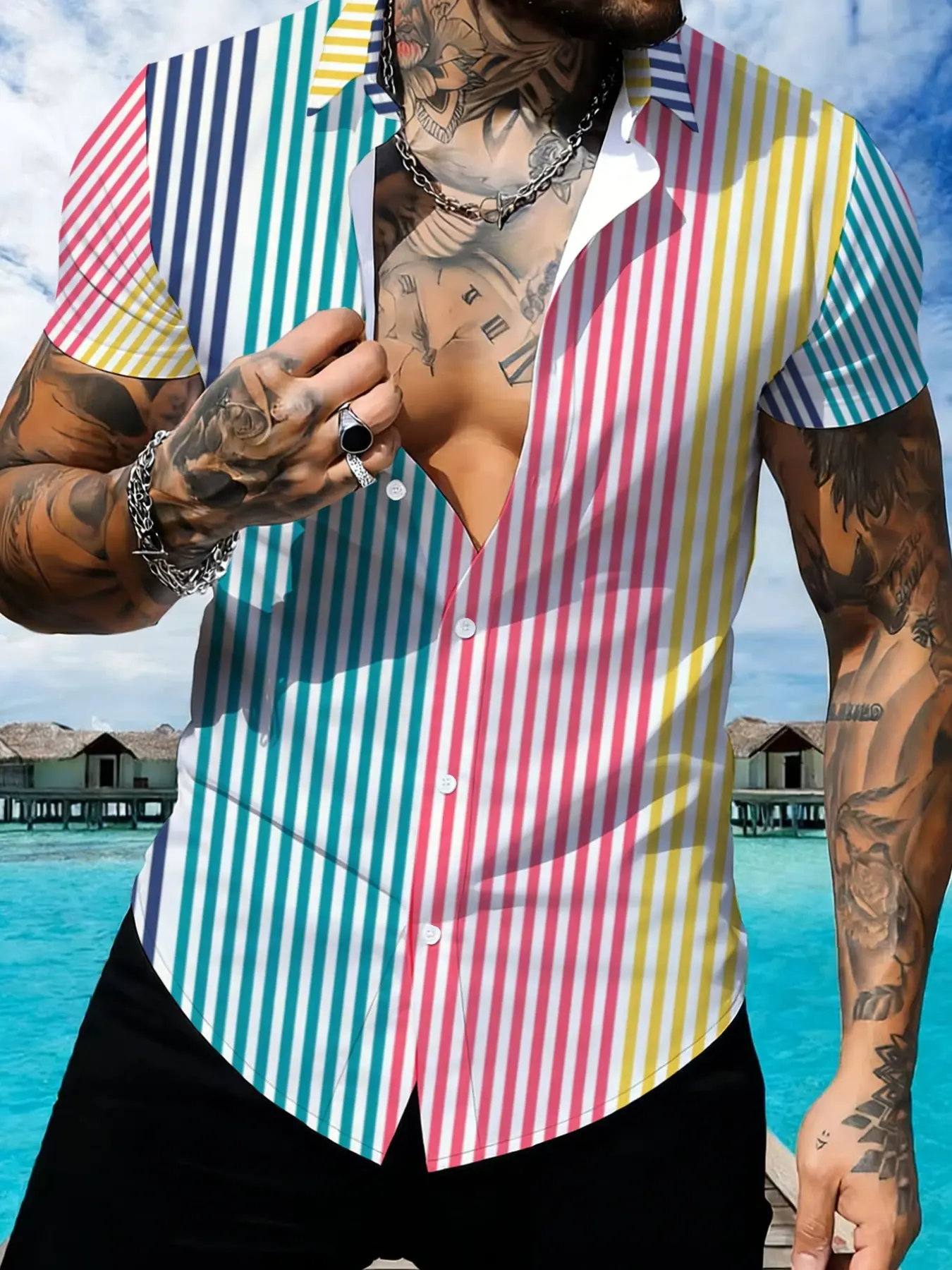 Colorful Stripe Short Sleeve Collared Casual Button Down Shirt for Men, Summer Casual Thin Fashion Top, Breathable Slim Shirt
