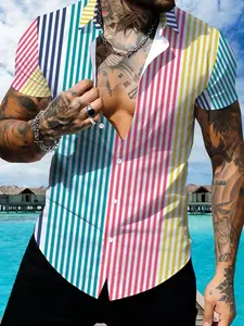 Colorful Stripe Short Sleeve Collared Casual Button Down Shirt for Men, Summer Casual Thin Fashion Top, Breathable Slim Shirt