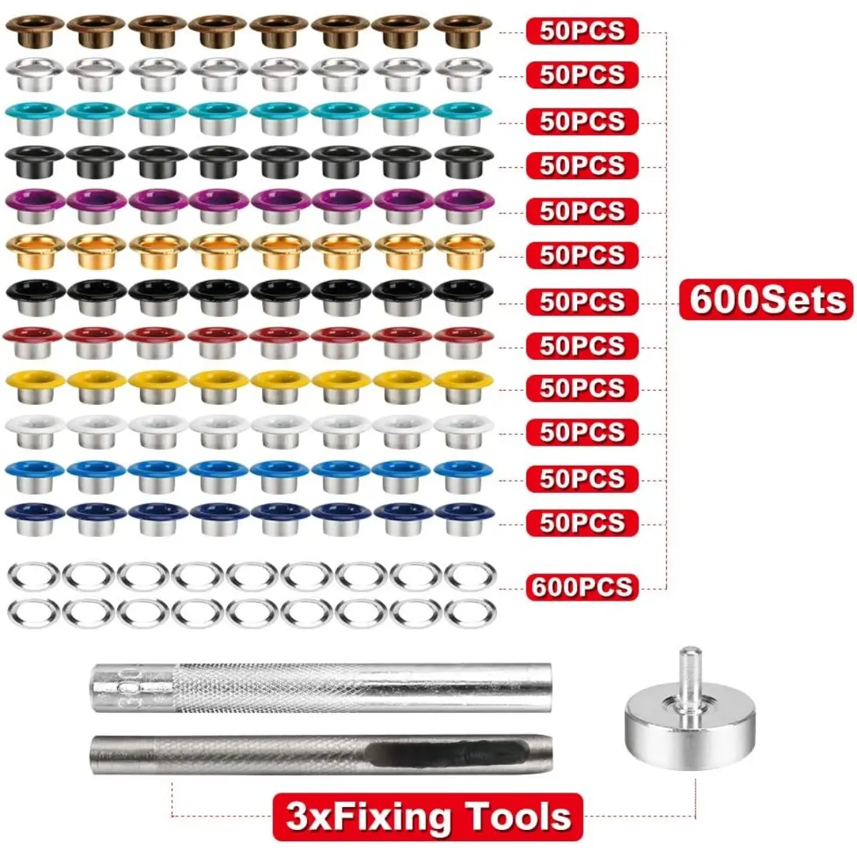 Durable Solid Color Copper Metal Eyelets (600 Sets, Inner 5mm, Barrel Length 3.8mm) with 3xFixing Tools, Protective Rings Sewing Accessory for Leathercraft, Shoes&Bags
