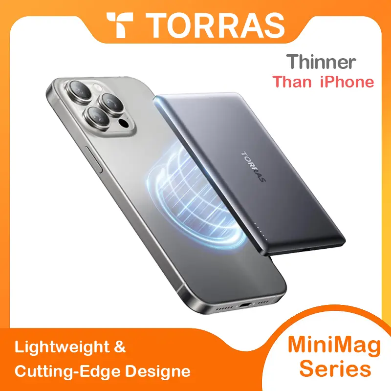 TORRAS MiniMag Power Bank Ultra Slim 5,000/10,000mAh 0.3 in Wireless MagSafe Portable Charger with USB-C Cable, Fast Charging Magnetic Battery Pack fo