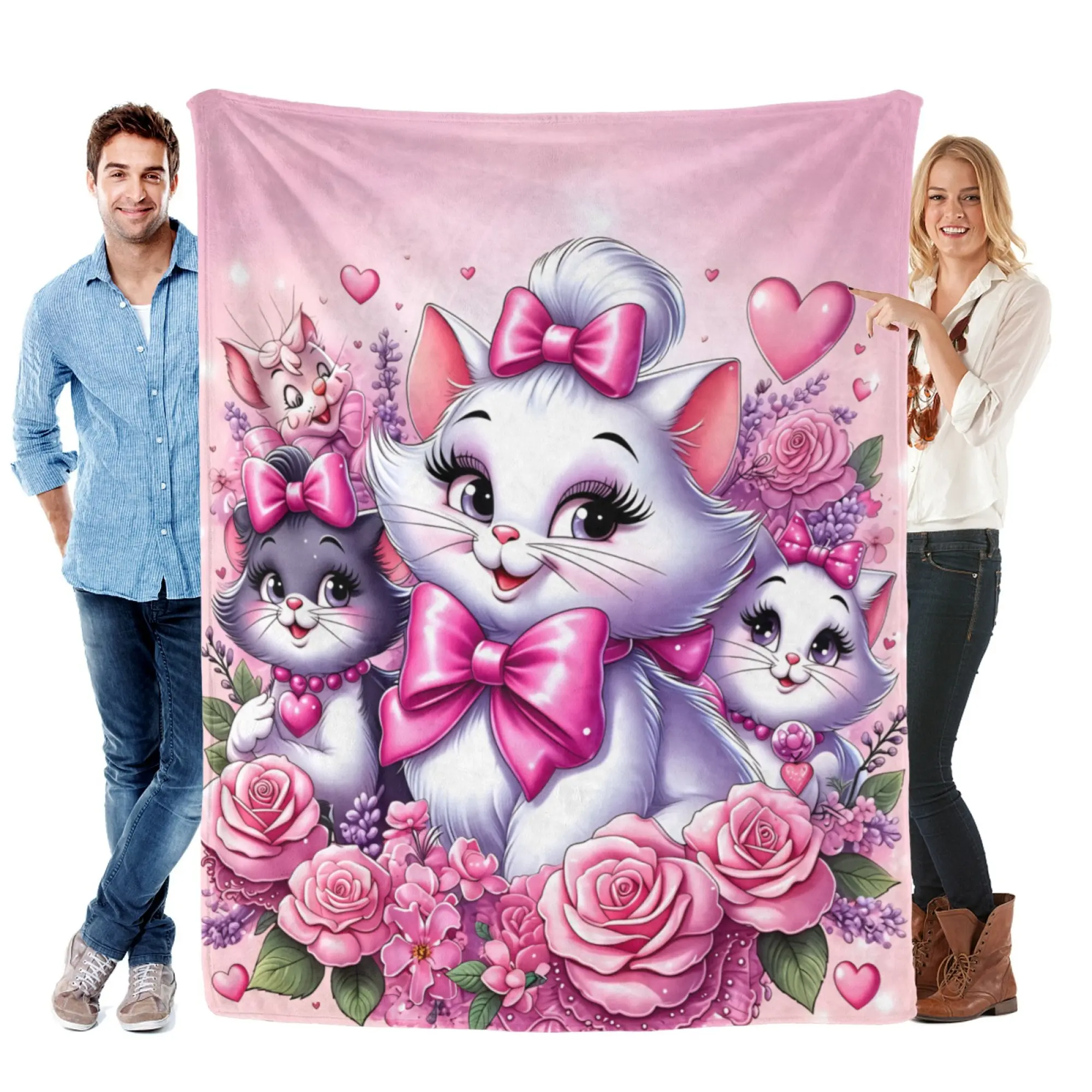Disney Aristocats Marie Flannel Fleece Blanket - Pink Bows 2D Print, Super Soft Breathable, Cute Home Textile for Movie Nights, Girly Look Adult Room Decor Bedding Throw